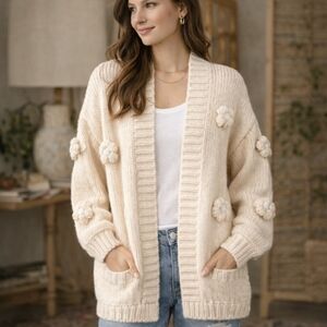 Maeve Anthropologie Sweater Cream Floral Applique Cardigan Knit Boho Large OS